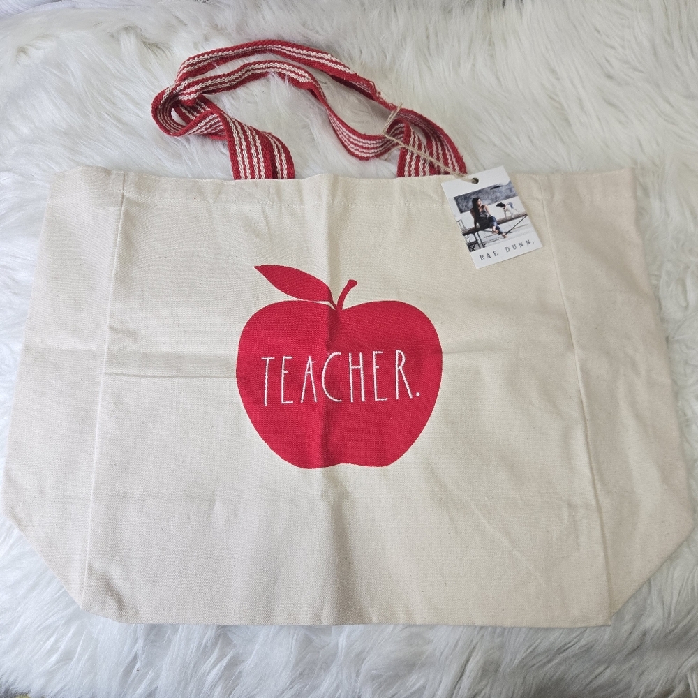 RAE DUNN Apple "Teacher" Canvas Reusable Tote Bag New with Tag